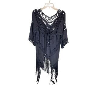 La Class Navy‎ Boho Crochet Fringe Tunic Kimono Cover Up Small Festival
